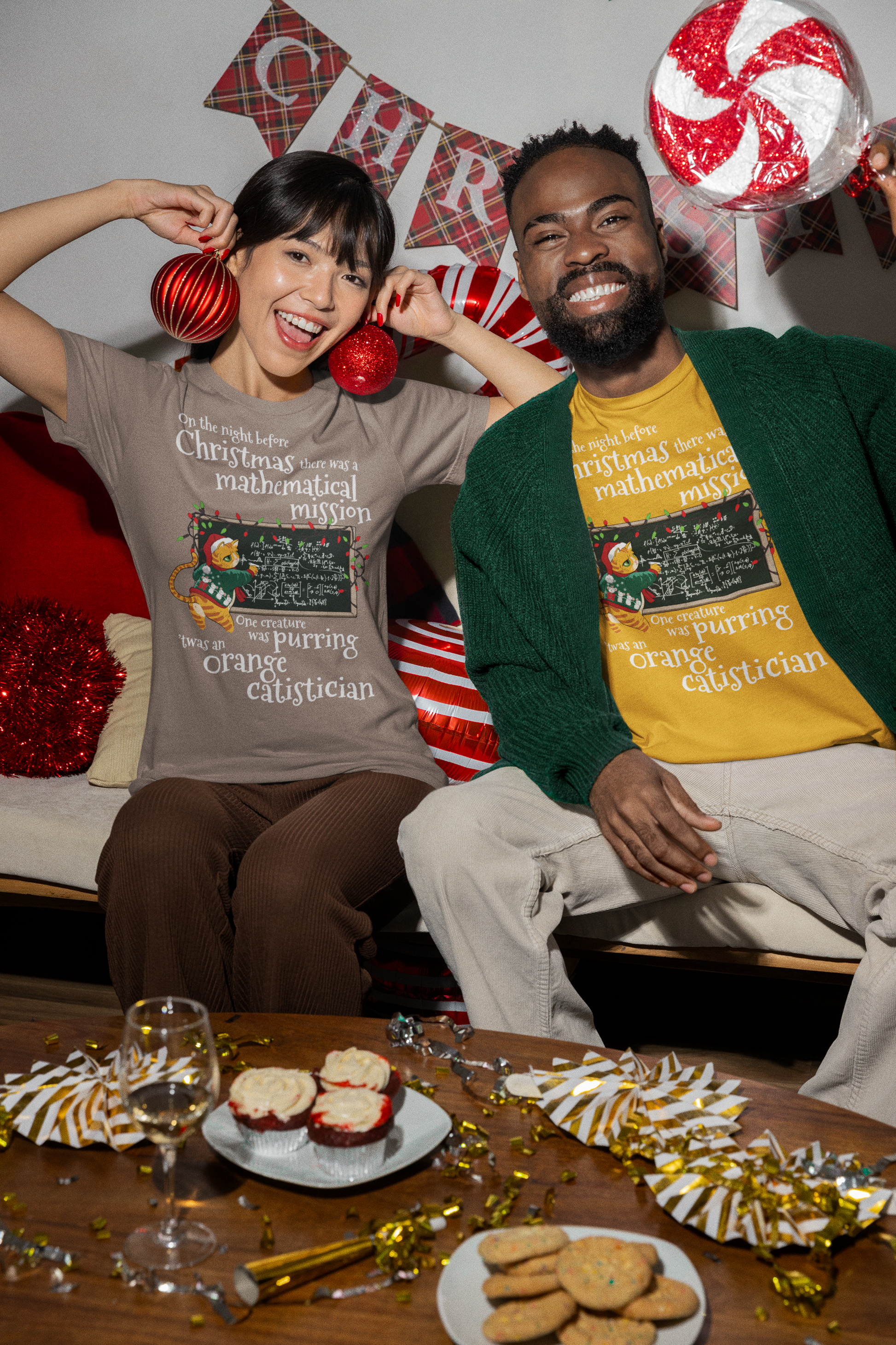 Cat in ugly Christmas sweater featuring the Mouse King from The Nutcracker.