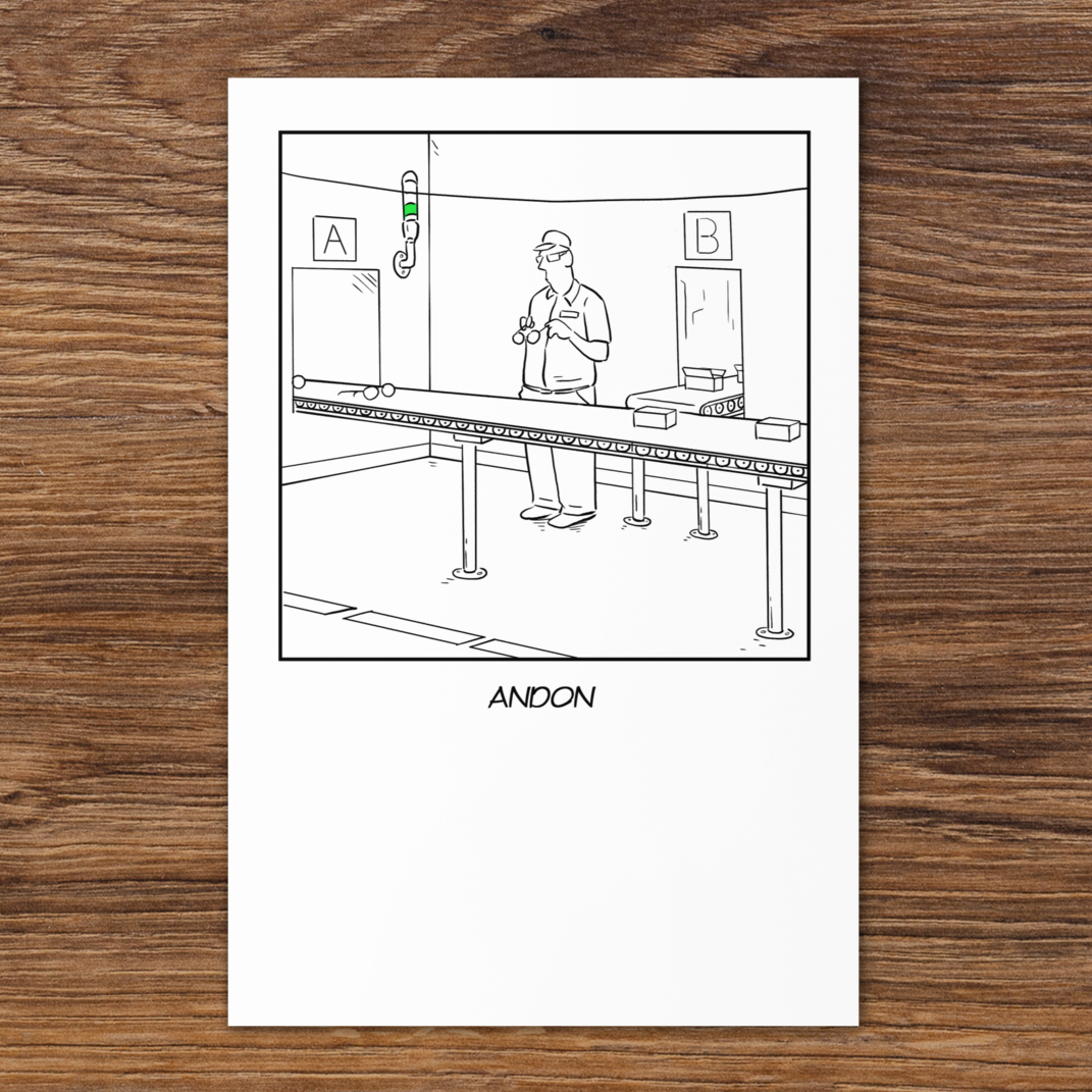 Andon Cartoon Greeting Card for Lean Manufacturing Professionals