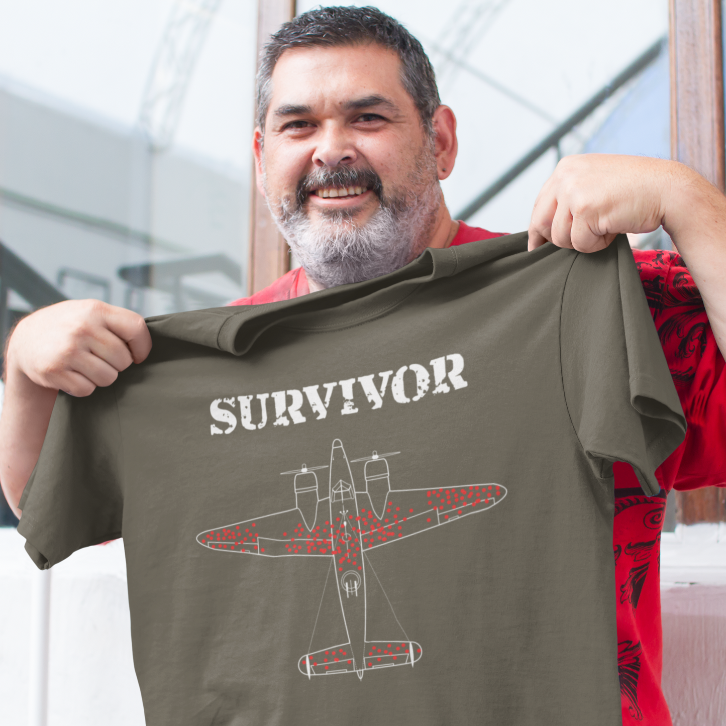 Cool WW2 Bomber T-shirt poking fun at survivorship bias.