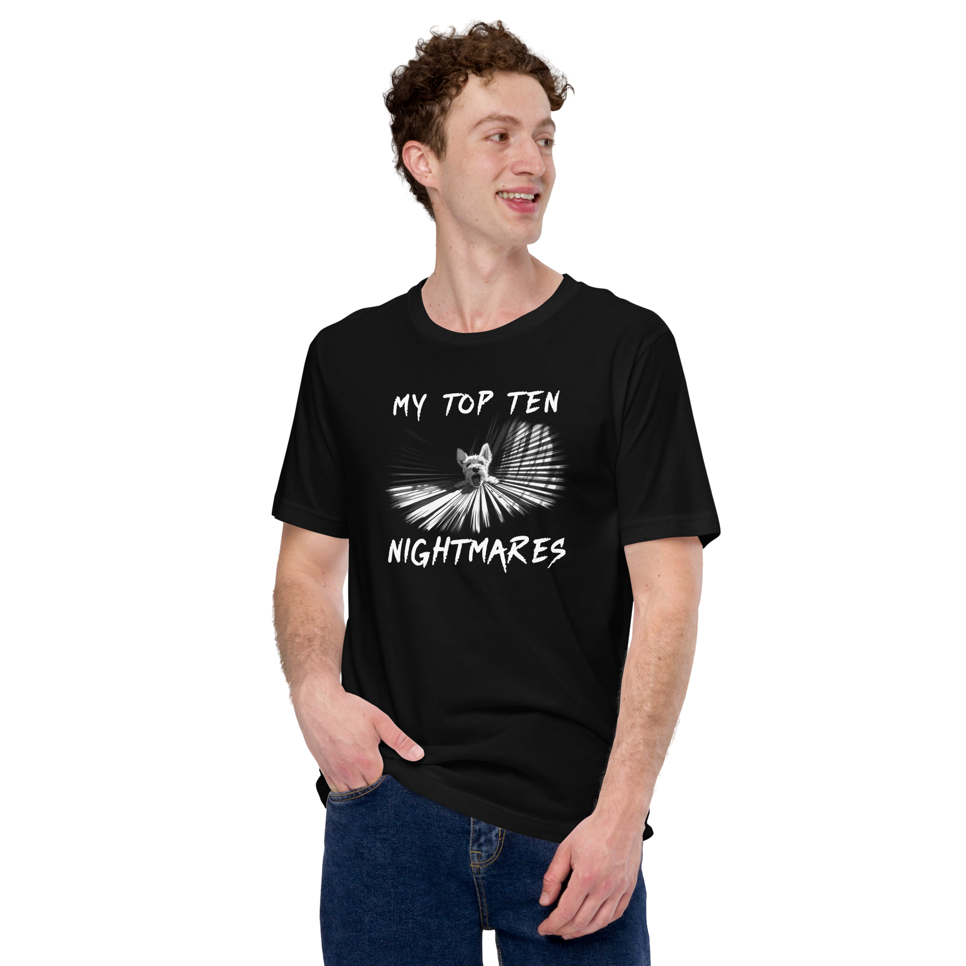 Front and back graphic Halloween T-shirt for Mstat with humorous list of nightmares  