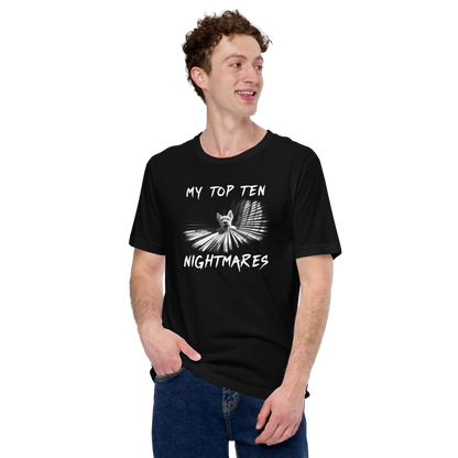 Front and back graphic Halloween T-shirt for Mstat with humorous list of nightmares  