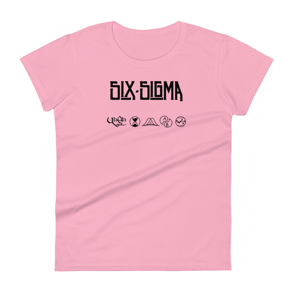 Pink form-fitting women's t-shirt for lean six sigma professionals who love classic rock