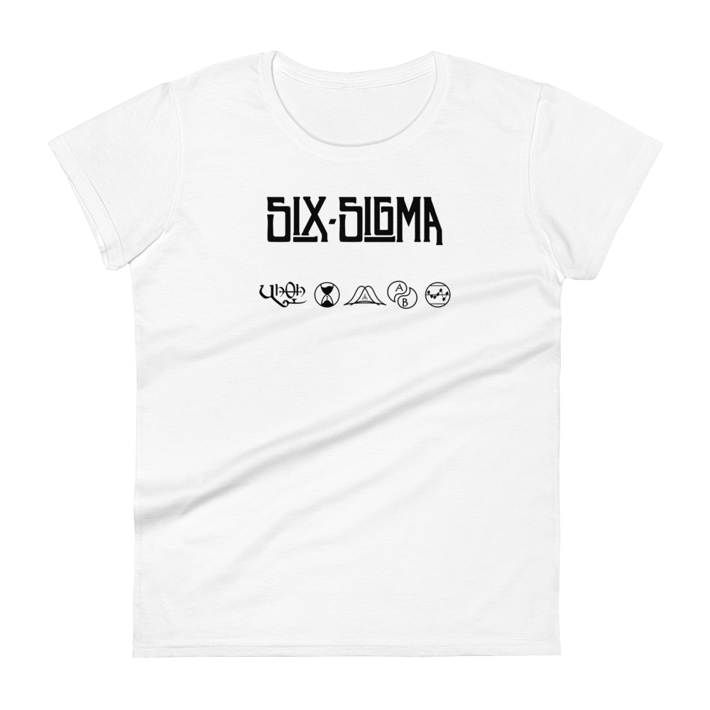 White, form-fitting women's t-shirt for lean six sigma professionals who love classic rock