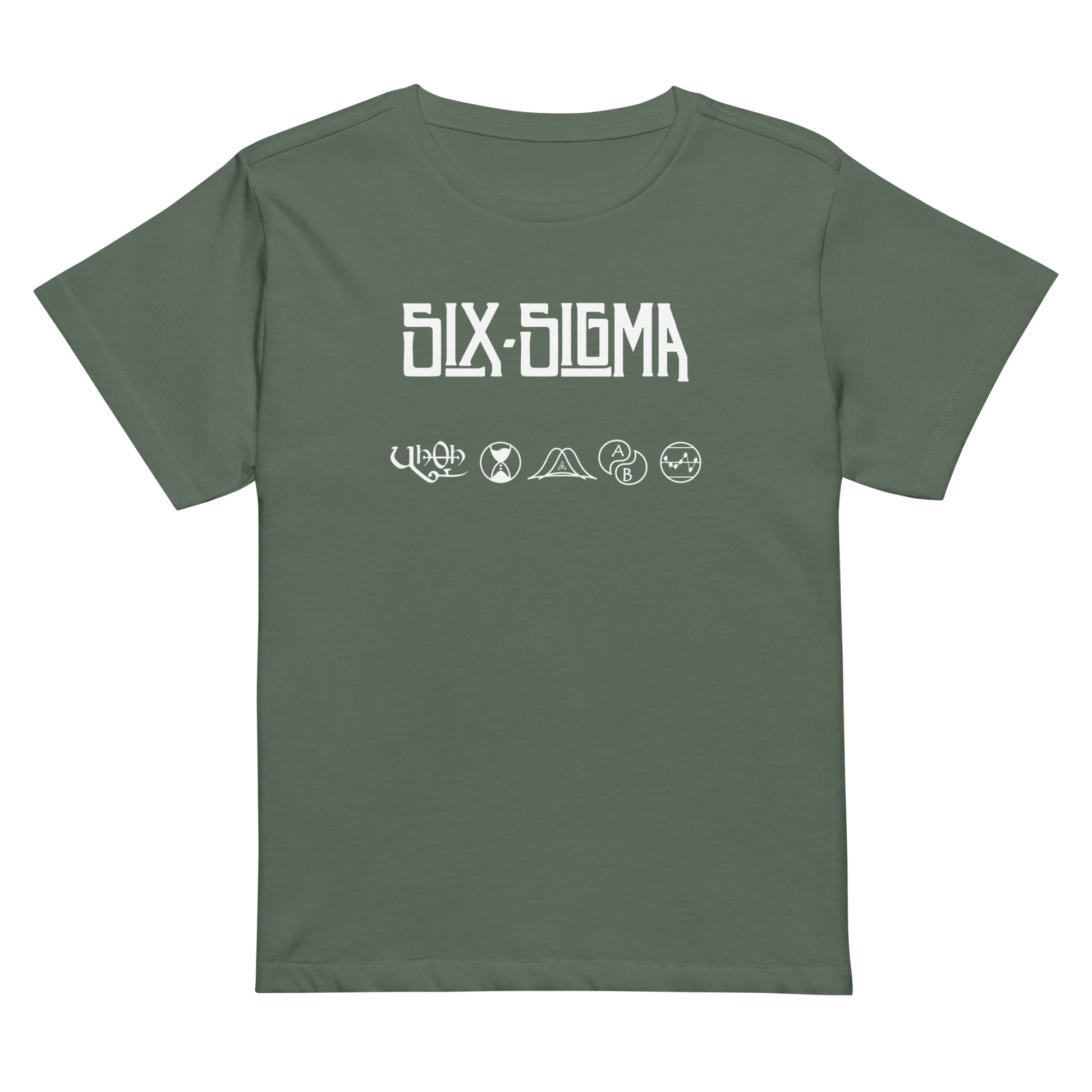 Pine green, high-waisted women's t-shirt for lean six sigma professionals who love classic rock