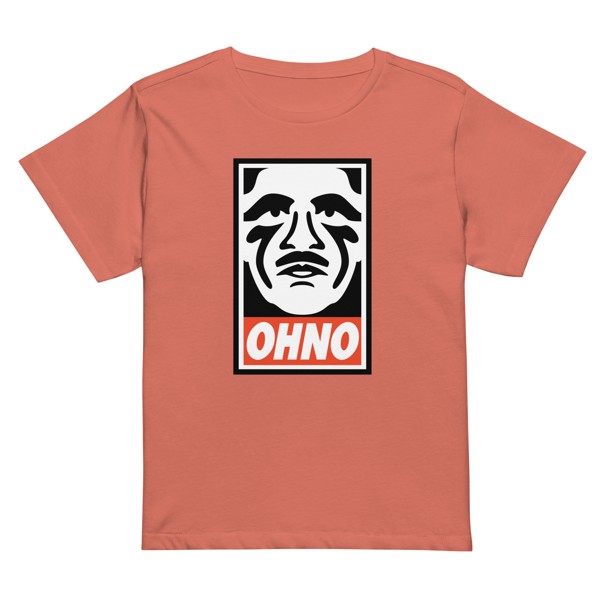 High-waisted T-shirt featuring Taiichi Ohno, creator of the Toyota Production System for operational excellence professionals, industrial engineers, six sigma black belts, lean manufacturing women in red sorbet