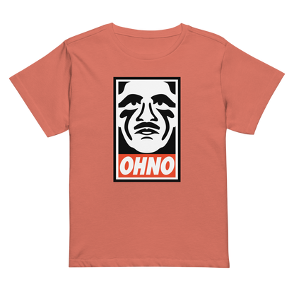 High-waisted T-shirt featuring Taiichi Ohno, creator of the Toyota Production System for operational excellence professionals, industrial engineers, six sigma black belts, lean manufacturing women in red sorbet